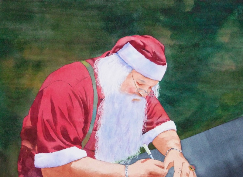 portrait, santa, christmas, branson original watercolor painting oberst